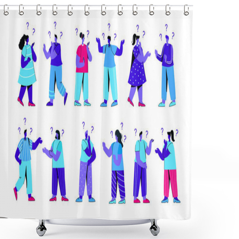 Personality  Set Of Confused Girls And Boys Asking Questions And Thinking. Collection Of Pensive Or Thoughtful Male And Female Characters Contemplating And Solving Problems. Modern Flat Blue Vector Illustration. Shower Curtains