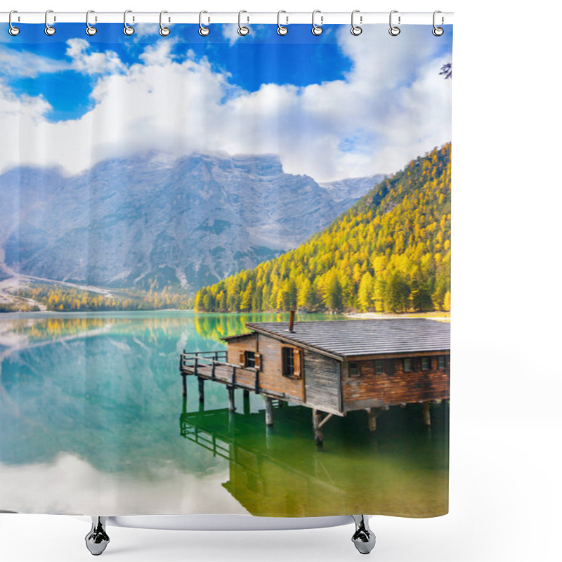 Personality  Vertical View Of Prags Lake, Hut And Dolomites In Autumn, Trentino Alto Adige, Italy Shower Curtains