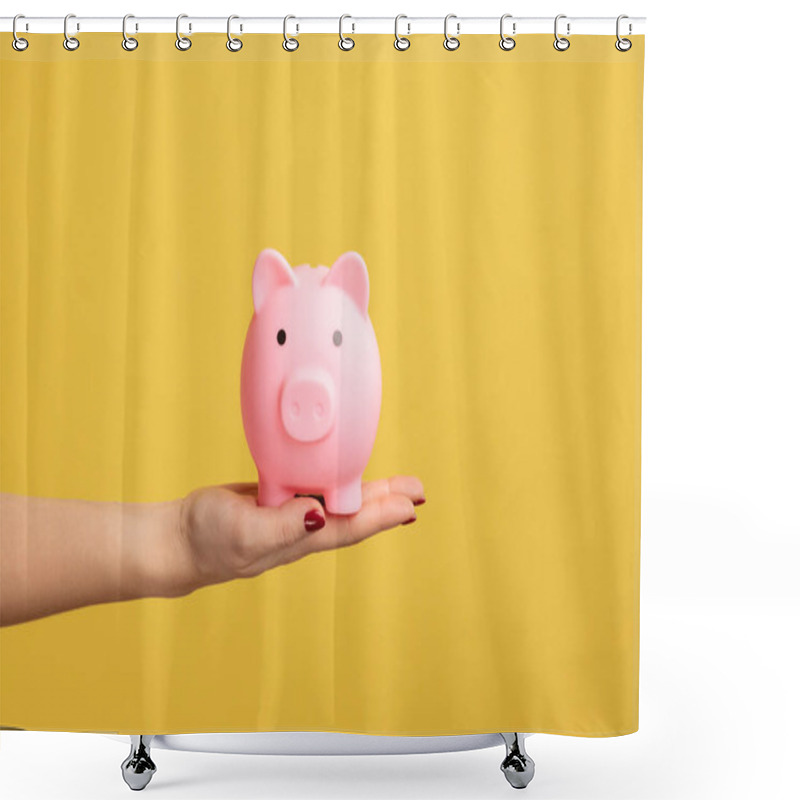 Personality  Closeup Profile Shot Of Woman Hand Holding Pink Piggy Bank, Investment, Saving Money, Currency, Deposit. Indoor Studio Shot Isolated On Yellow Background. Shower Curtains