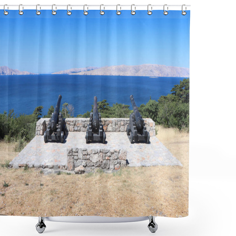 Personality  Old Cannons In Front Nehaj Fortres On The Hill Nehaj In The Town Of Senj, Croatia. Shower Curtains