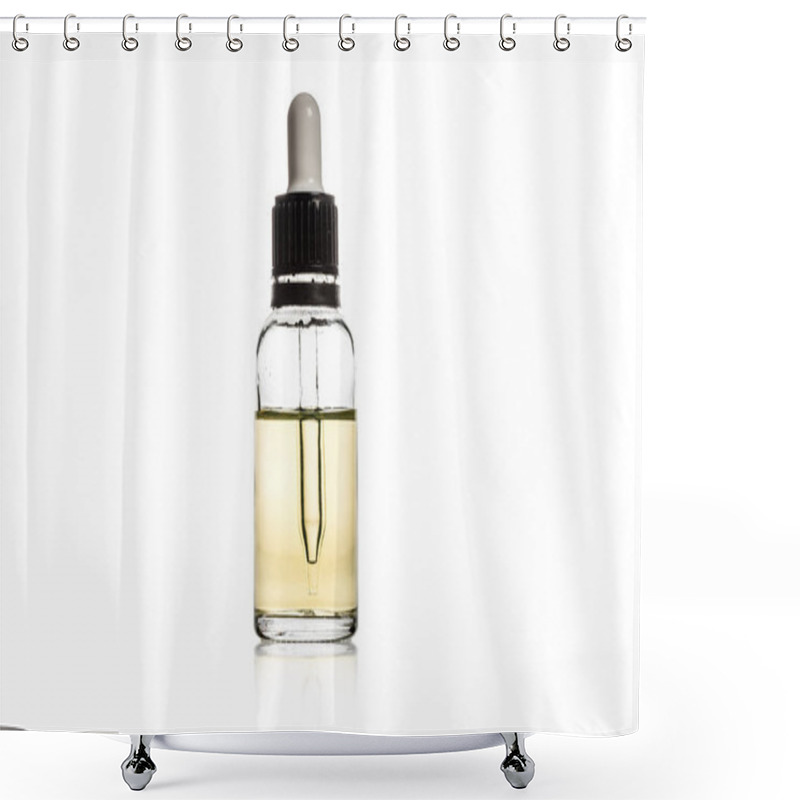 Personality  Studio Shot Of Glass Bottle With Dropper Isolated On White Shower Curtains