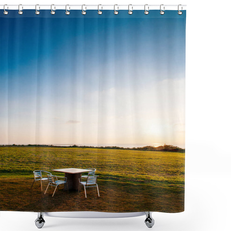 Personality  Wide Grass Field By The Ocean With Picnic Table At Sunset Or Sunrise In Ishigaki Island, Okinawa, Japan Shower Curtains