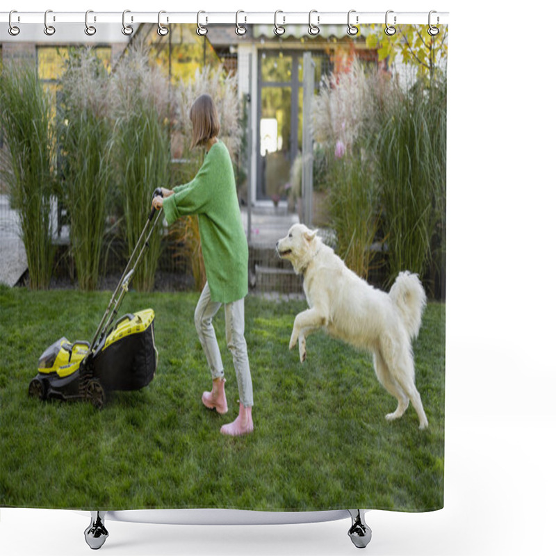 Personality  Playful Dog Plays With Its Owner, Who Cuts The Lawn With A Lawnmower, Spending Leisure Time Happily Together On Backyard Shower Curtains