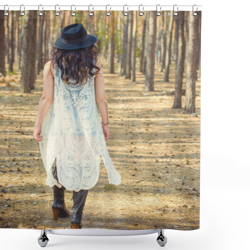 Personality  Gorgeous Beautiful Curly Brunette Woman With Black Hat And Lace Bohemian Cardigan, In Boho Style Walk In Forest And Thinkin About Life, Near Wood Shower Curtains