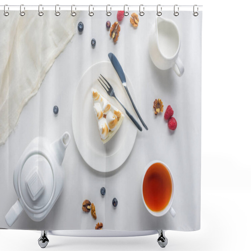 Personality  Top View Of Piece Of Cake With Berries And Tea On White Table Shower Curtains