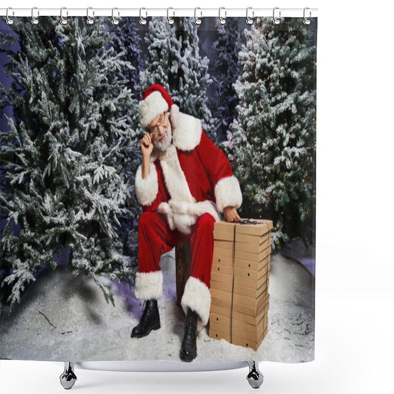 Personality  Santa Claus Sits On A Log In The Snow, Readying For A Joyful Celebration. Shower Curtains