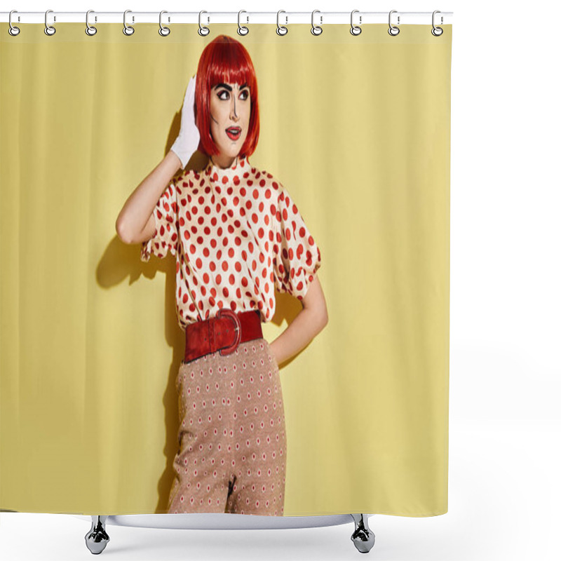 Personality  A Vibrant Redhead Woman In Polka Dot Outfit With Creative Makeup, Resembling A Character From Comics, On A Yellow Backdrop. Shower Curtains