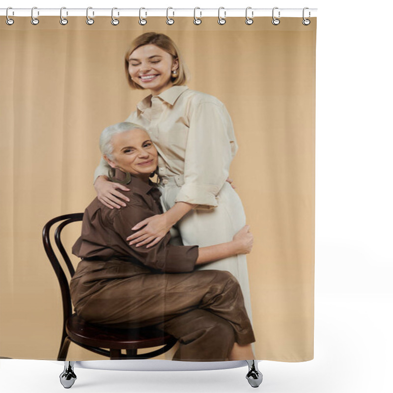 Personality  A Mature Woman And Her Daughter Share A Joyful Embrace In A Warm, Inviting Atmosphere. Shower Curtains