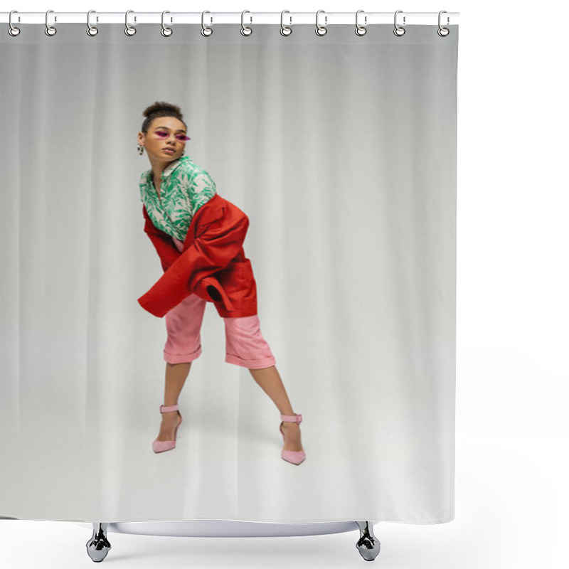 Personality  Full Length Of African American Woman In Sunglasses And Bold Style Attire Posing On Grey Backdrop Shower Curtains