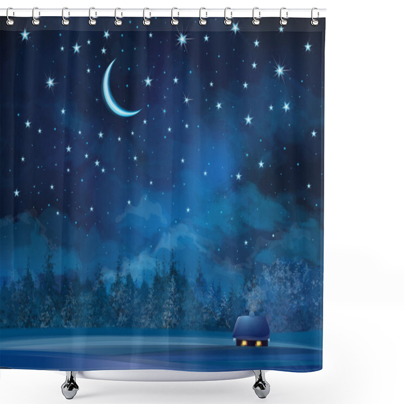 Personality  Vector Night Scene With House  On Starry Sky Background And Fore Shower Curtains