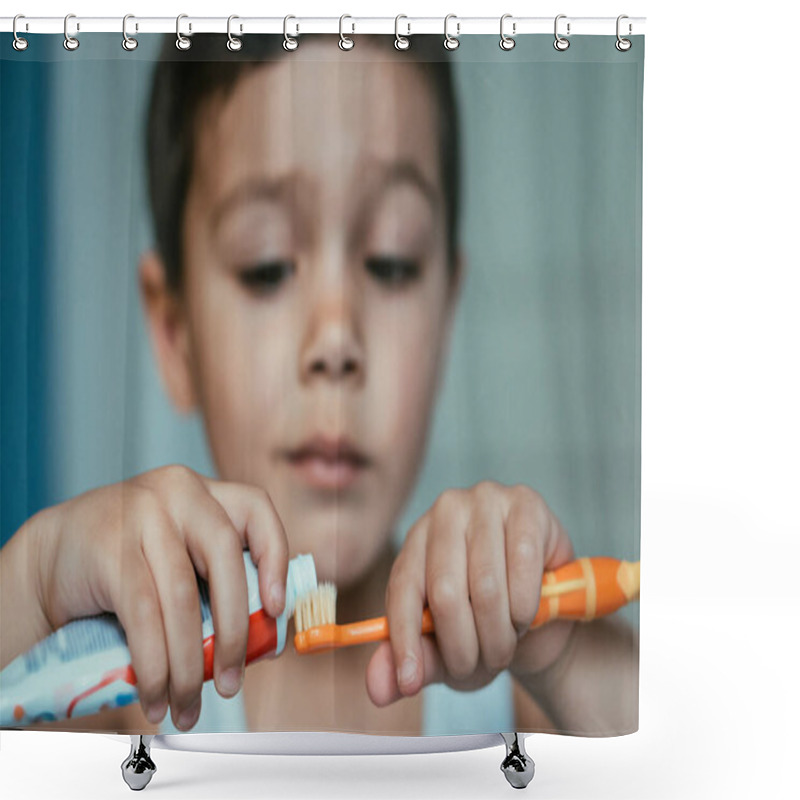 Personality  Selective Focus Of Diligent Boy Applying Toothpaste On Toothbrush Shower Curtains