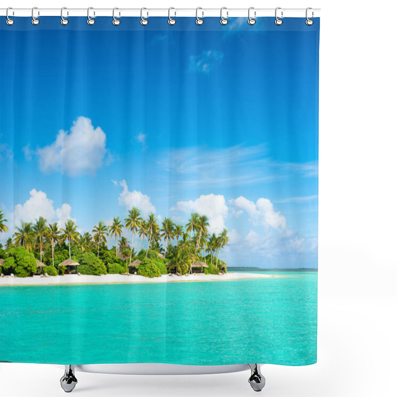 Personality  Tropical Island Beach With Palm Trees And Cloudy Blue Sky Shower Curtains