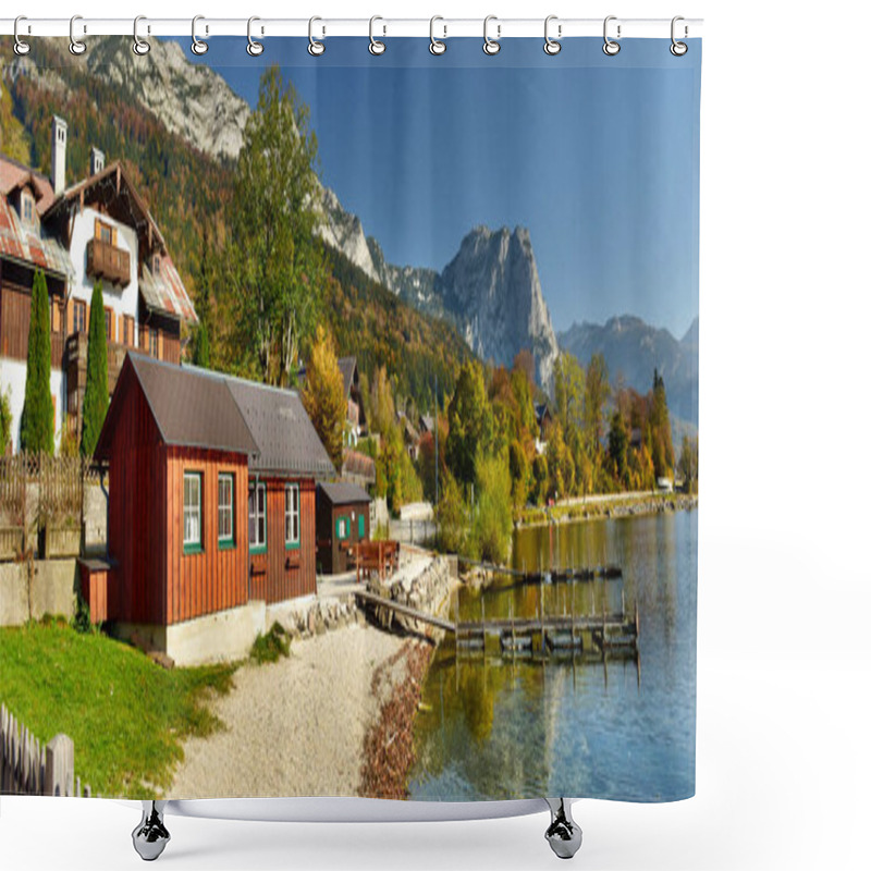 Personality  View Of The Lake Grundlsee In The Early Autumn Morning. Village Grundlsee, Styria, Austria. Shower Curtains