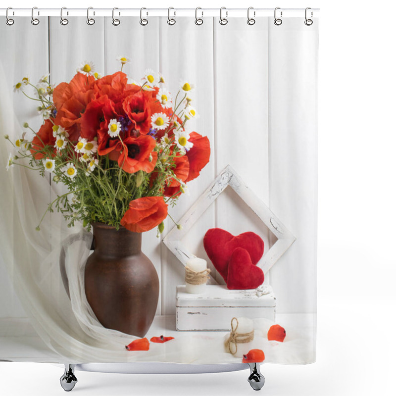 Personality  Red Poppies In Clay Jug And Hearts On Wooden Planks Background I Shower Curtains