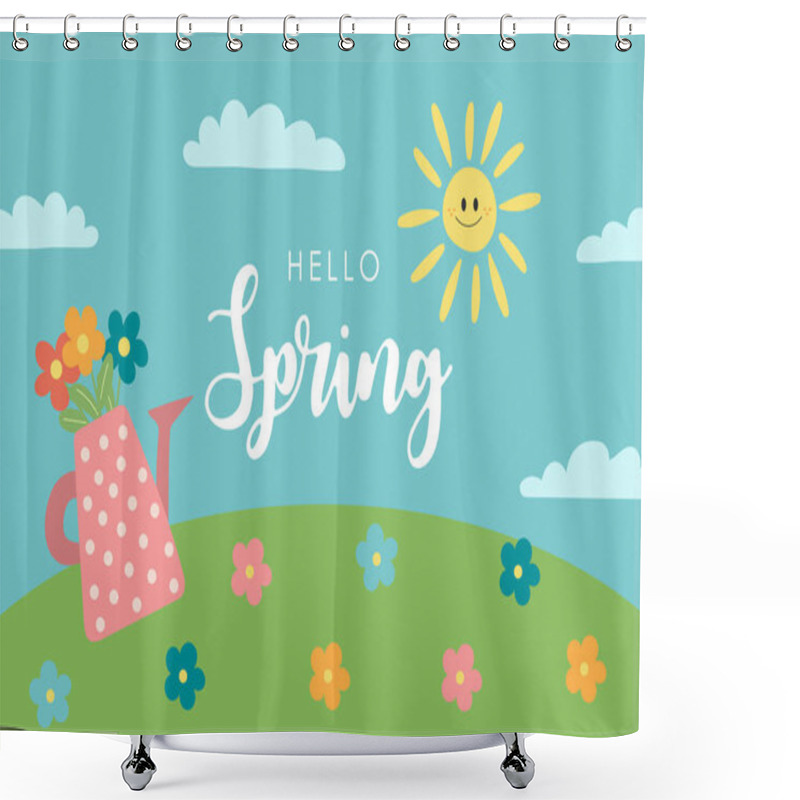 Personality  Hello Spring Card With Watering Can And Flowers - Nature Vector Illustration Shower Curtains