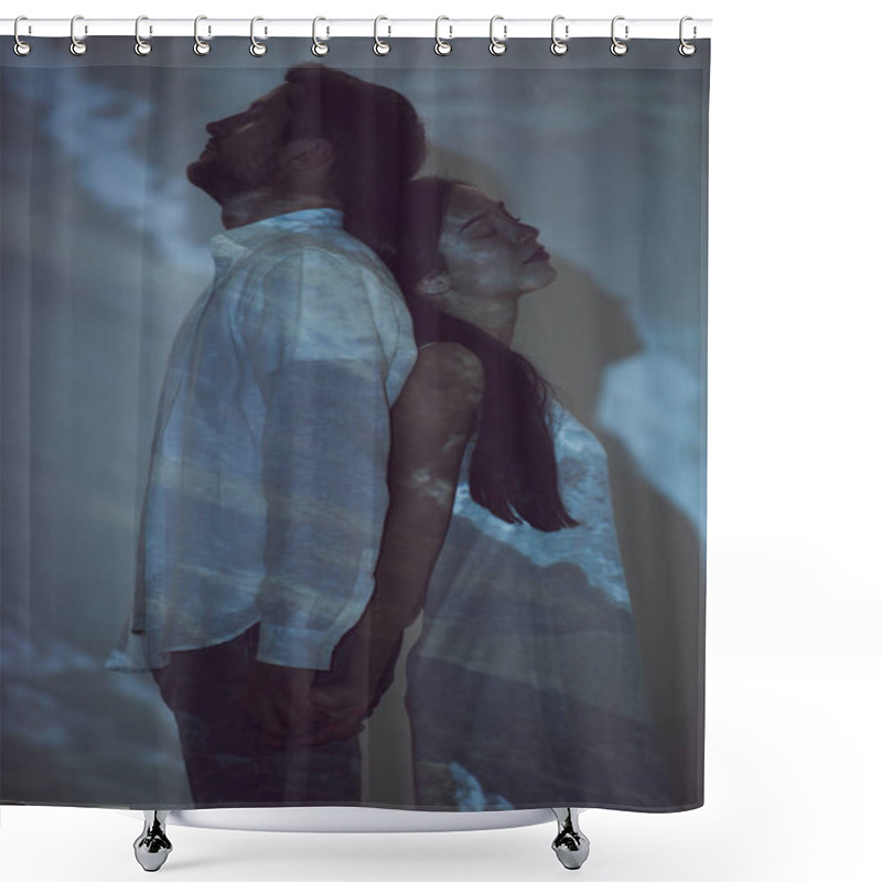 Personality  Side View Of Man And Girl Standing Back To Back To Each Other In Darkness Shower Curtains