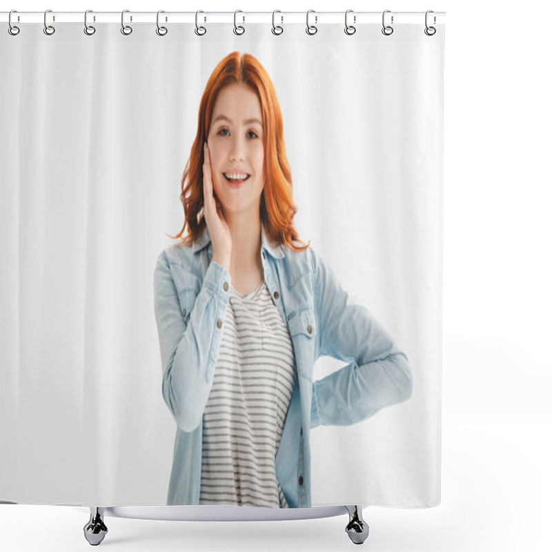 Personality  Happy Redhead Teen Girl In Denim Clothes, Isolated On White Shower Curtains