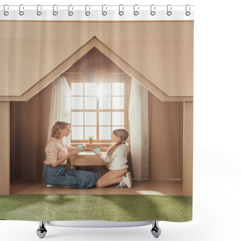 Personality  Beautiful Mother And Daughter Having Tea Party In Cardboard House Shower Curtains