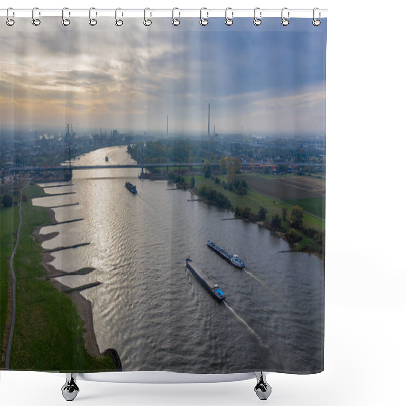 Personality  Panoramic View Of The Rhine Bridge Leverkusen. Aerial Photography By Drone Shower Curtains