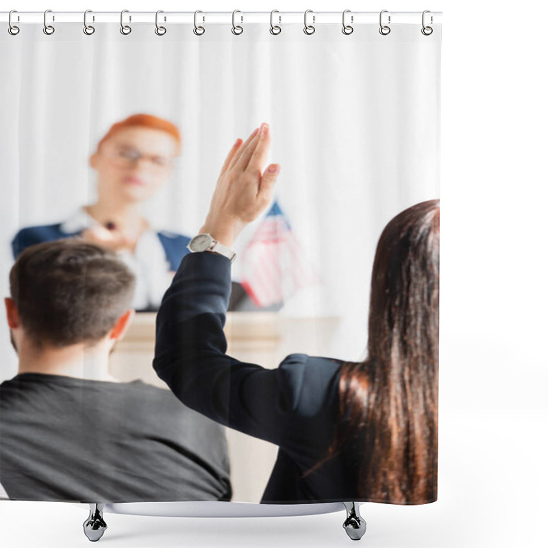 Personality  Candidate On Blurred Background Looking At Woman With Raised Hand In Conference Hall Shower Curtains