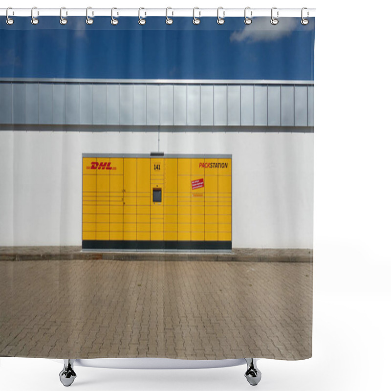 Personality  Neckartenzlingen, Germany - June 29, 2021: Dhl Parcel Machine Also Packstation. Yellow Machine For Sending And Receiving Parcels. On A White Building Facade With Blue Sky. Front View. Shower Curtains