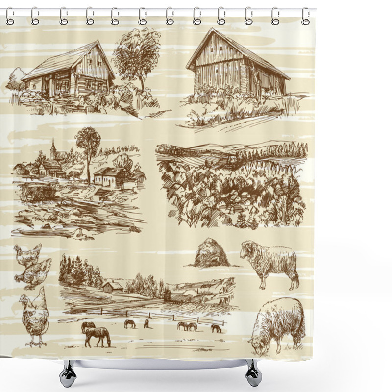 Personality  Rural Landscape And Houses - Hand Drawn Collection Shower Curtains