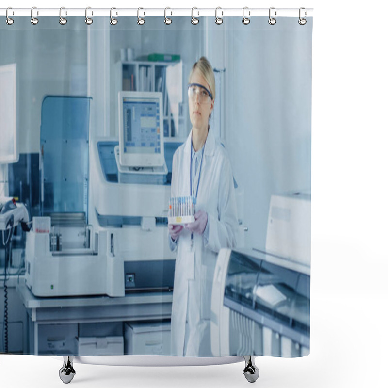 Personality  Female Research Scientist Walks Through Laboratory With Tray Of Test Tubes Filled With Samples. In The Background People Working In Laboratory With Innovative Equipment. Shower Curtains