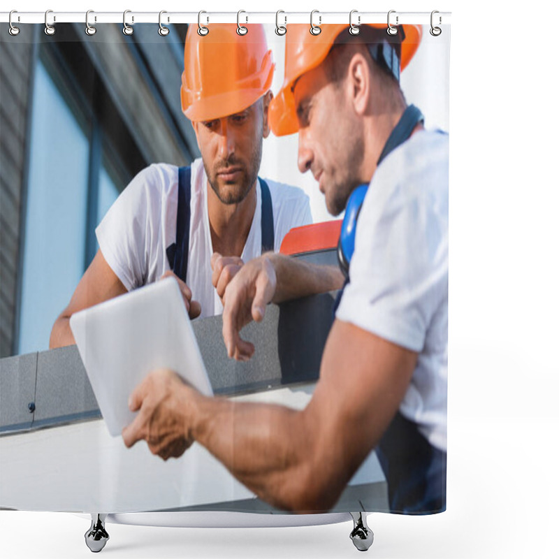 Personality  Selective Focus Of Manual Workers Looking At Digital Tablet On Roof Of House  Shower Curtains