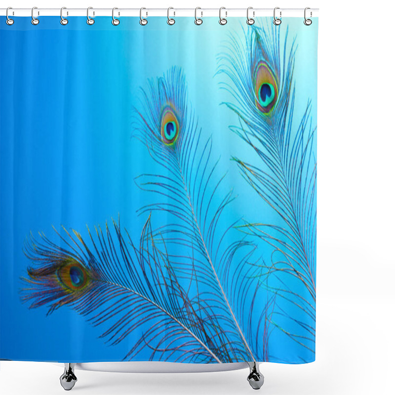 Personality  Peacock Feathers On Blue Background Shower Curtains