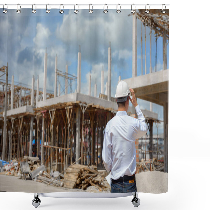 Personality  Engineer Working And Checking Plan On Construction Site. Shower Curtains