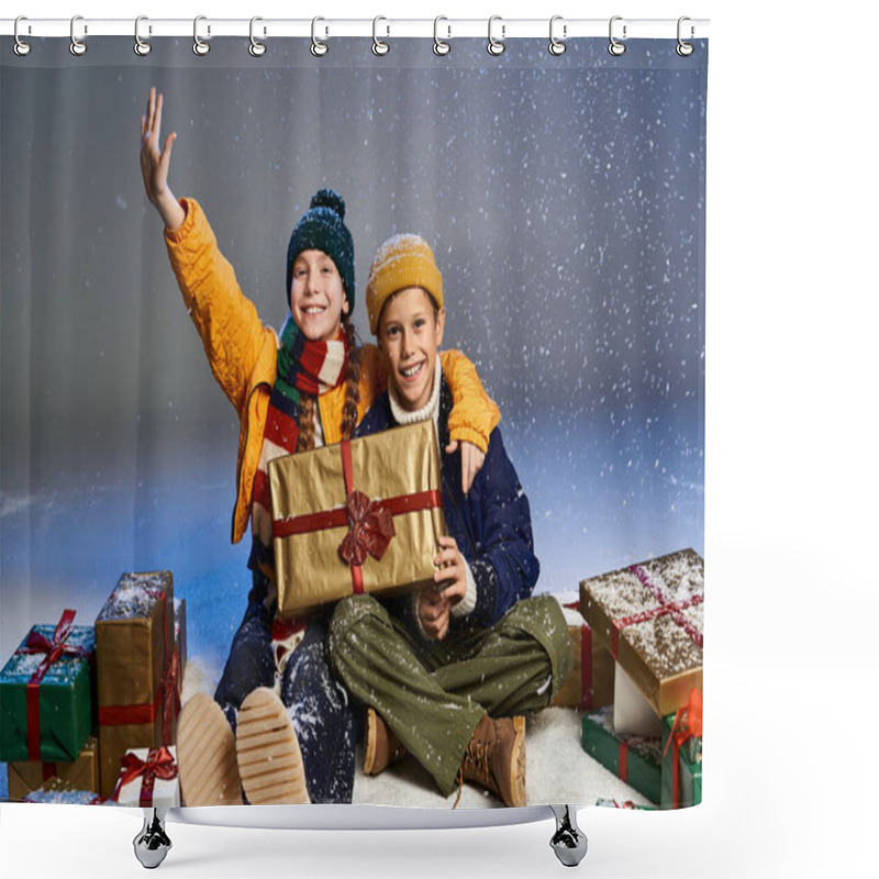 Personality  Two Happy Children Enjoy A Snowy Winter Wonderland While Surrounded By Colorful Presents. Shower Curtains