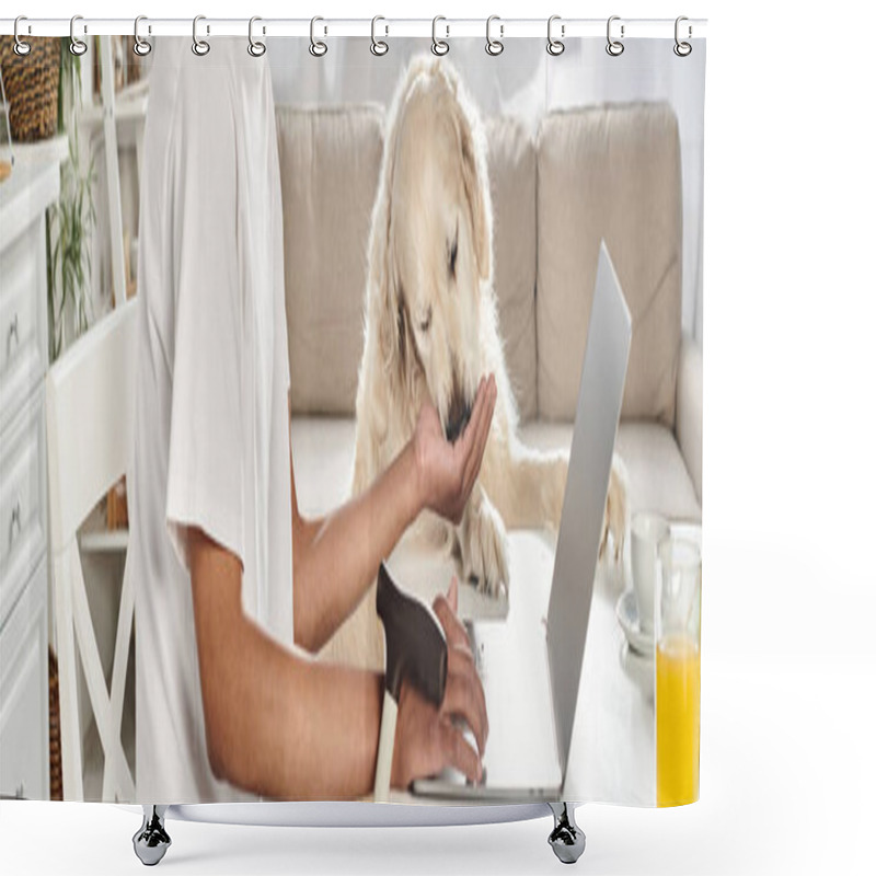 Personality  A Disabled African American Man Sits At A Table With His Laptop, A Black Labrador Dog On His Lap. Shower Curtains