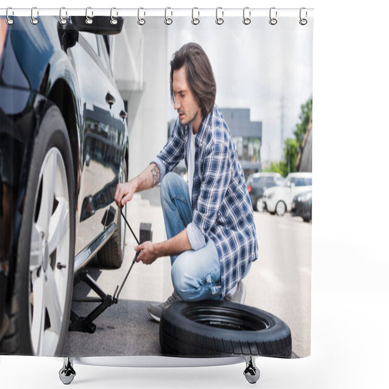 Personality  Man In Casual Wear Using Jack Tool And Changing Broken Wheel On Auto, Car Insurance Concept Shower Curtains