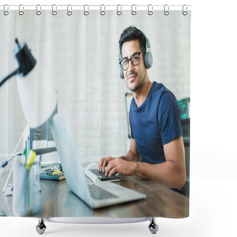 Personality  Portrait Of Confident Young Male Programmer At Desk Working From Home Shower Curtains