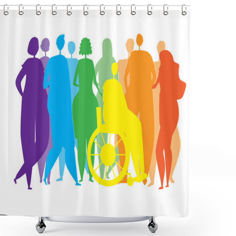 Personality  Silhouettes Of People, Men, Women, Disabled People In A Wheelchair As An End To The Inclusiveness Of The Lgbtq Community, Tolerance, Struggle For Equality, Pride, Rainbow Colors. Vector Stock Illustration With Homosexuals Isolated On A White Backgrou Shower Curtains