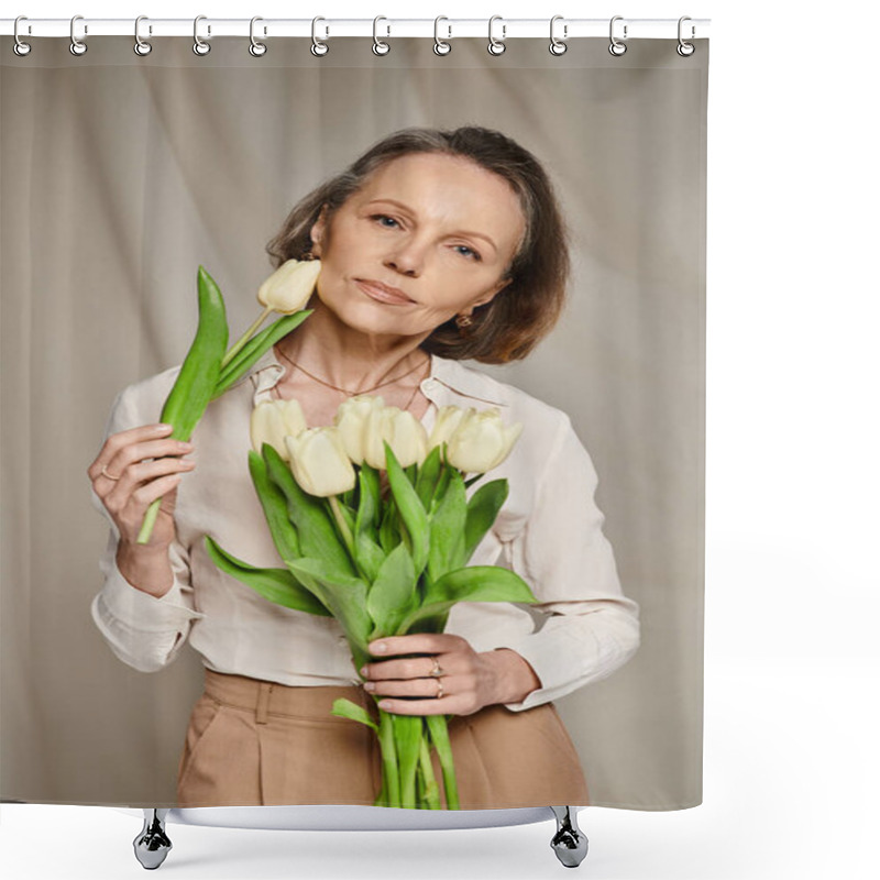 Personality  Mature Woman Joyfully Holding A Bouquet Of White Tulips. Shower Curtains