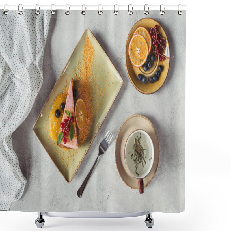 Personality  Flat Lay With Piece Of Sweet Carrot Cake With Berry Filling Served With Orange Slice, Cup Of Herbal Tea, And Fork On Grey Tabletop Shower Curtains