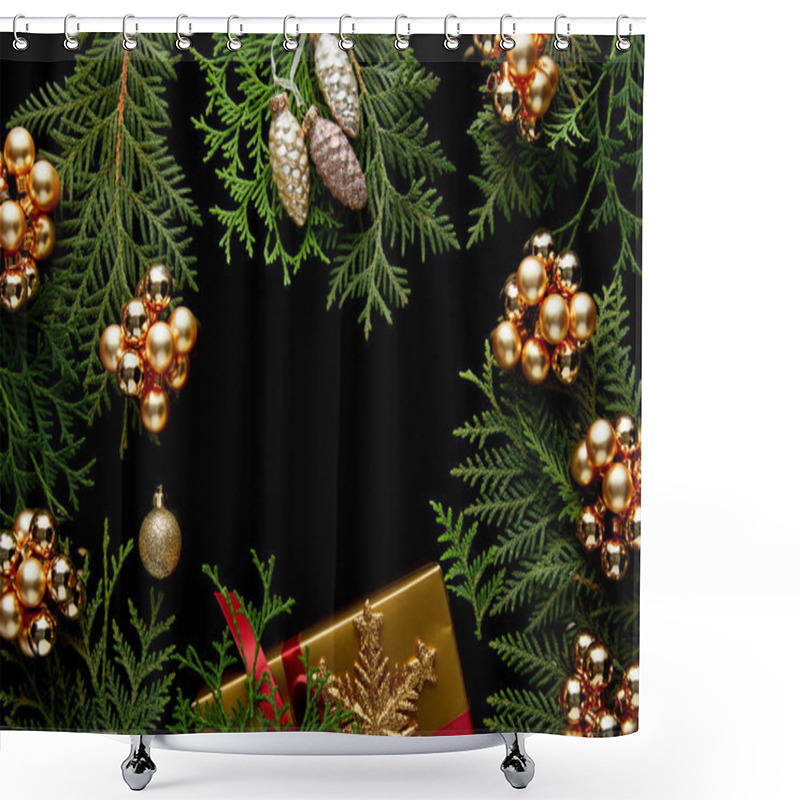 Personality  Top View Of Shiny Golden Christmas Decoration, Green Thuja Branches And Gift Box Isolated On Black With Copy Space Shower Curtains