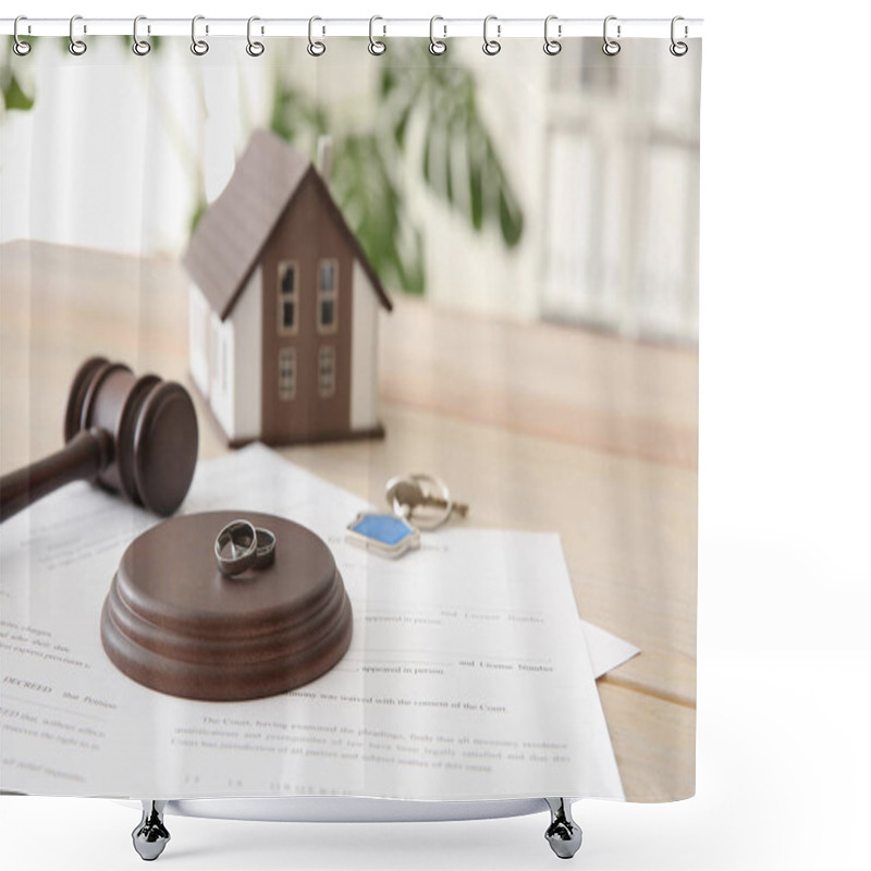 Personality  Rings With Decree Of Divorce, Judge Gavel And Key From House On Table. Concept Of Dividing Marital Property Shower Curtains