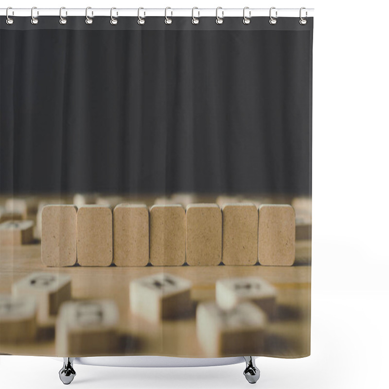 Personality  Selective Focus Of Seven Empty Cubes Surrounded By Blocks With Letters On Wooden Surface Isolated On Black Shower Curtains