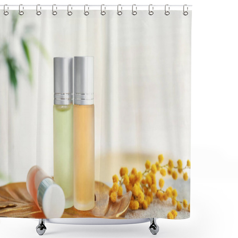 Personality  Roll-on Perfumes And Flowers On Table Shower Curtains