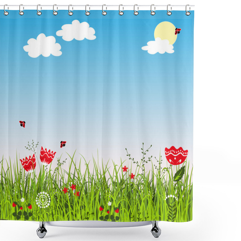 Personality  Summer Positive Landscape With Meadow Grass And Flowers Shower Curtains