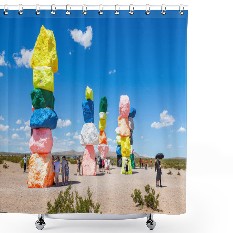 Personality  LAS VEGAS, NEVADA, USA - 12 MAY, 2019: Seven Magic Mountains Art Installation Near Las Vegas City. Pillars Made Of Neon Colored Boulders Stand Against Barren Desert Background And Blue Sky. Shower Curtains