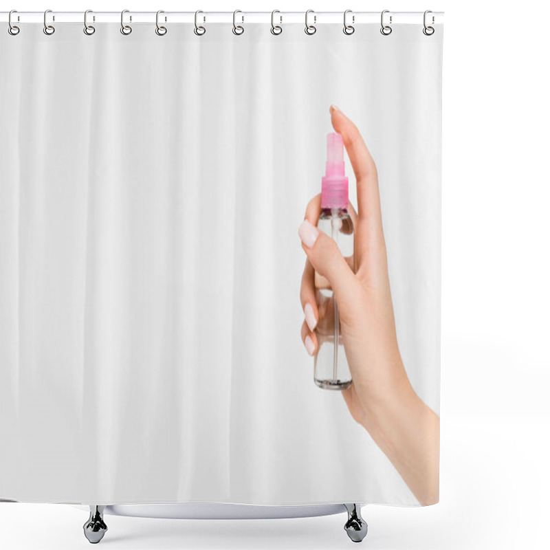 Personality  Cropped View Of Woman Holding Spray Bottle With Aromatic Liquid In Hand Isolated On White Shower Curtains