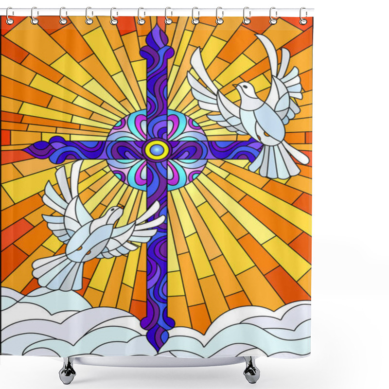 Personality  Illustration With A Cross And A Pair Of White Doves In The Stained Glass Style Shower Curtains