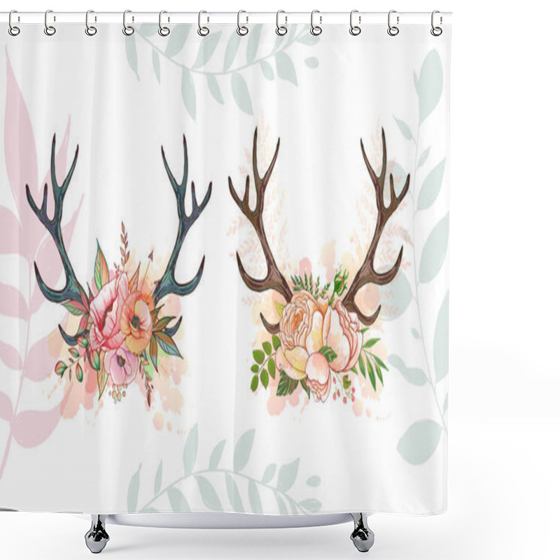 Personality  Illustration Of A Deer Skull With Poppy. Vector Element For Tattoo Sketch, Printing On T-shirts, Postcards And Your Creativity Shower Curtains