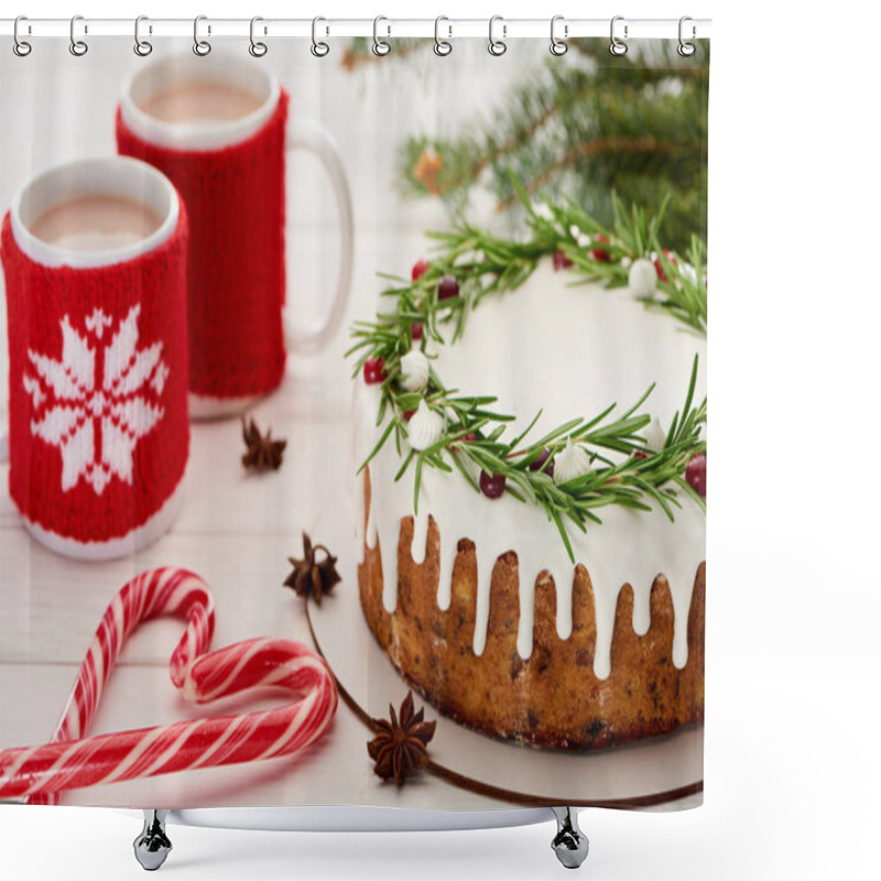 Personality  Candy Canes, Christmas Pie With Icing And Two Cups Of Coffee On White Wooden Table  Shower Curtains