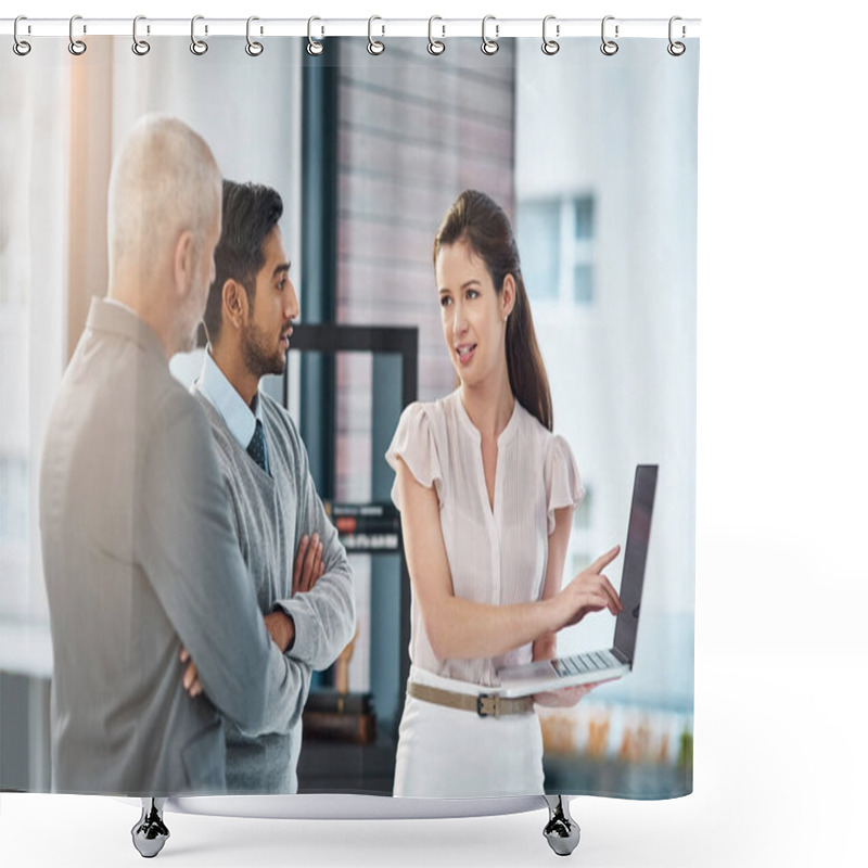 Personality  Getting Some Thoughts On Her Proposal. Cropped Shot Of Three Businesspeople Using A Laptop In The Office. Shower Curtains