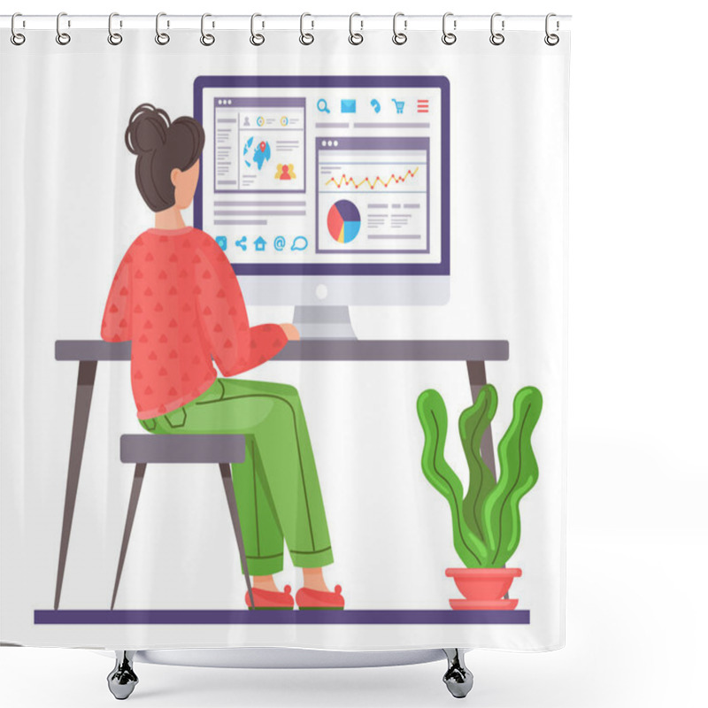 Personality  Office Worker Or Freelancer Analysing Statistic, Data, Graphics, Navigation Information At Website Shower Curtains