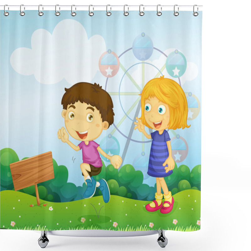 Personality  A Boy And A Girl Playing Near An Empty Signboard Shower Curtains